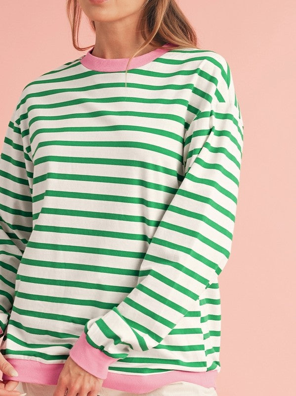 Cotton Stripe Vibrant Green Drop Shoulder Sweatshirt