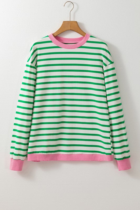 Cotton Stripe Vibrant Green Drop Shoulder Sweatshirt