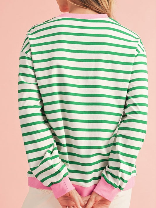 Cotton Stripe Vibrant Green Drop Shoulder Sweatshirt