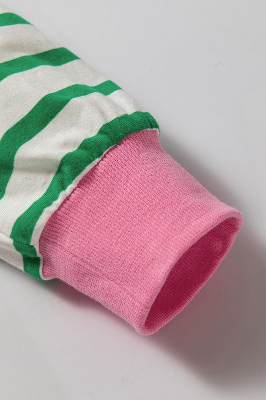 Cotton Stripe Vibrant Green Drop Shoulder Sweatshirt