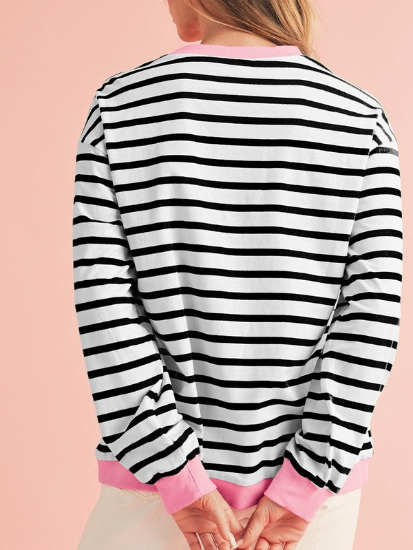 Cotton Stripe Vibrant Green Drop Shoulder Sweatshirt