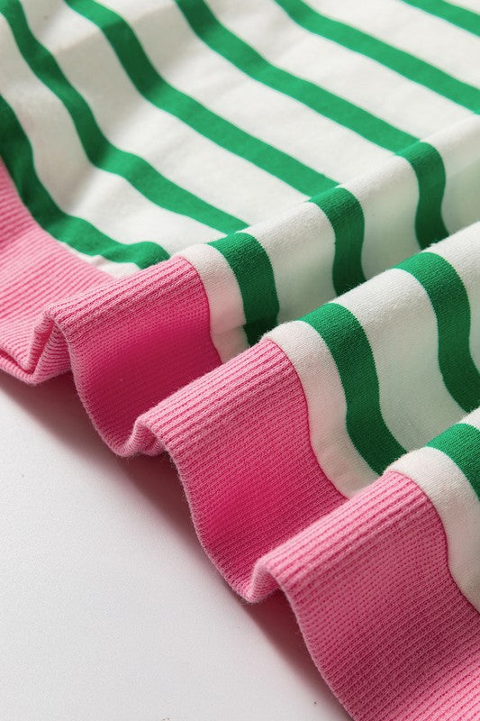 Cotton Stripe Vibrant Green Drop Shoulder Sweatshirt