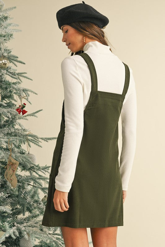 Corduroy Front Pockets Overall Dress Vineyard Green Polyester