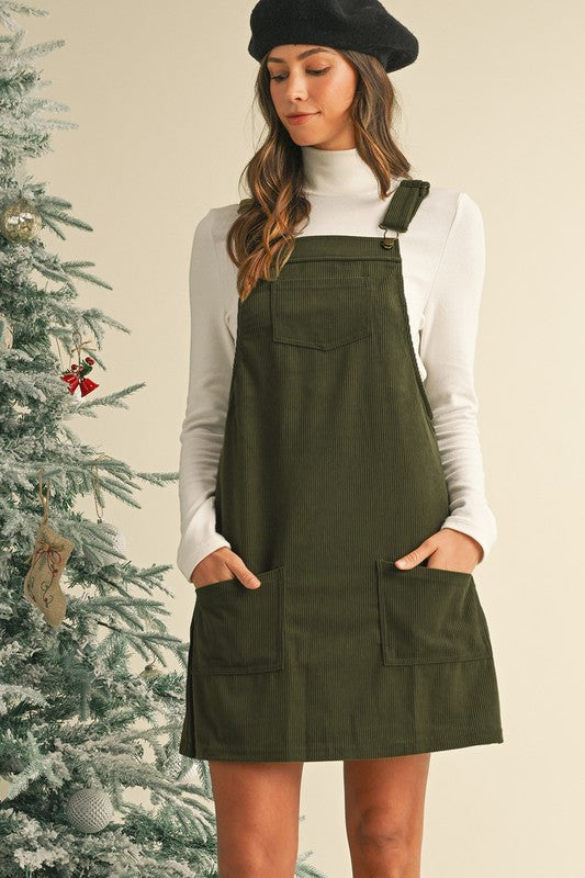 Corduroy Front Pockets Overall Dress Vineyard Green Polyester