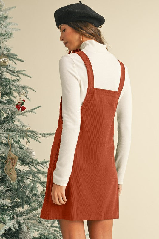 Corduroy Front Pockets Overall Dress Vineyard Green Polyester