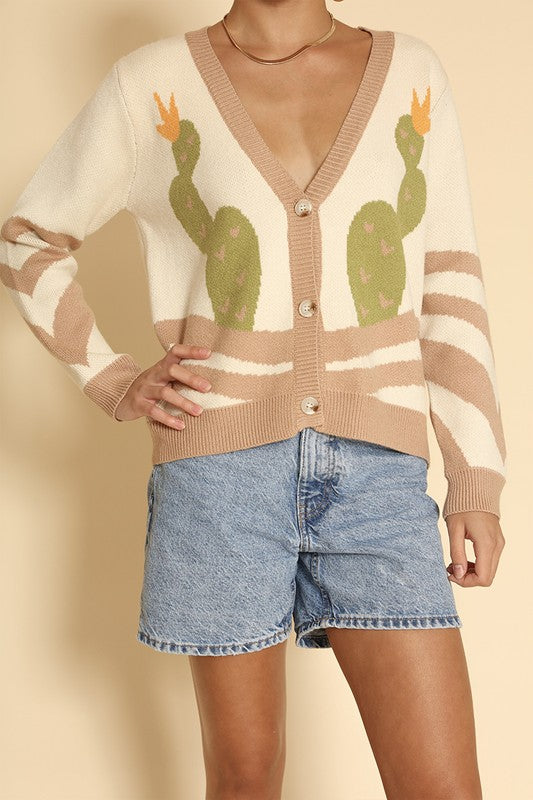 Desert cactus intarsia cardigan button front