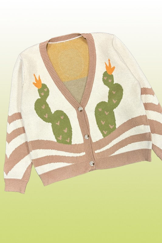 Desert cactus intarsia cardigan button front