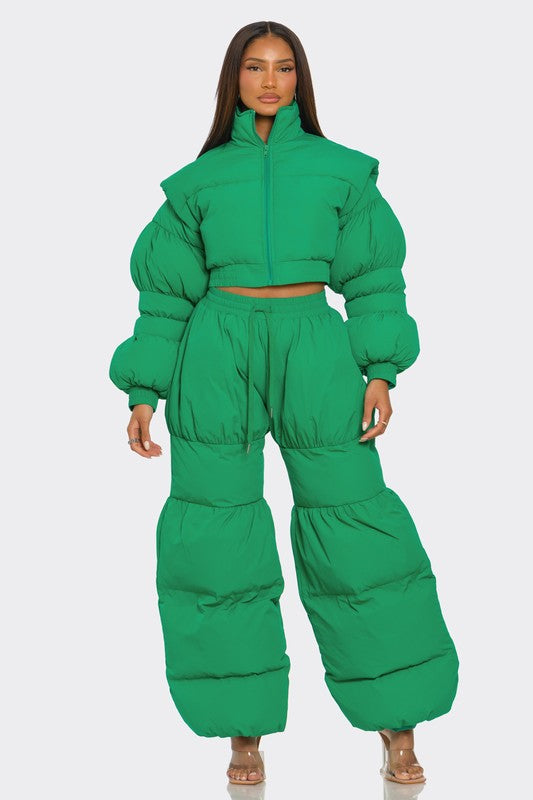 Green Puffy Quilted Set Two-Piece Outerwear