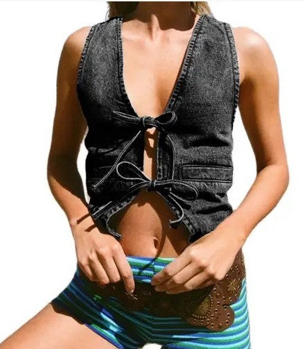 Denim Front Tie Vest Vest