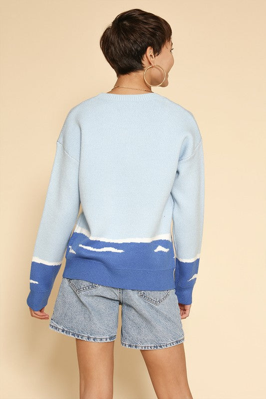 Dolphin intarsia knit sweater round neckline