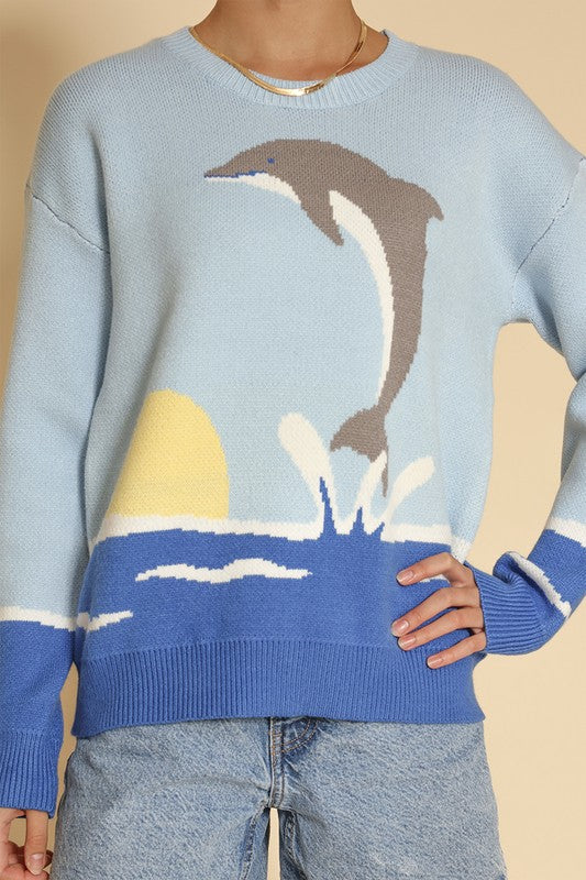 Dolphin intarsia knit sweater round neckline