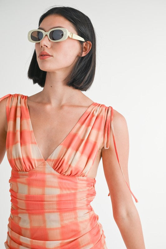 Shirred Shoulder Tie Mini Dress 100% Polyester