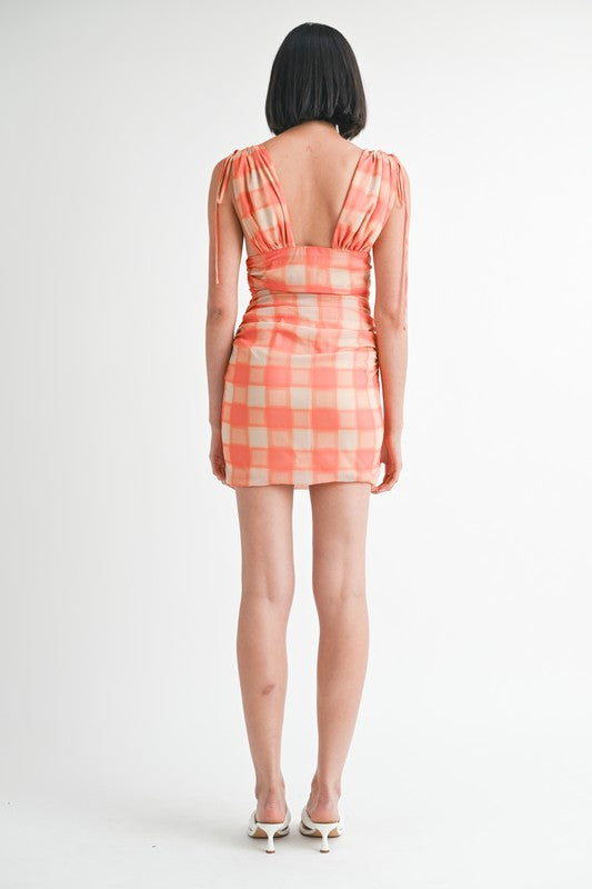 Shirred Shoulder Tie Mini Dress 100% Polyester