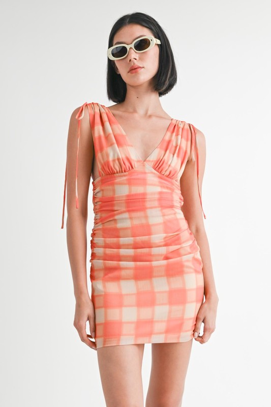 Shirred Shoulder Tie Mini Dress 100% Polyester