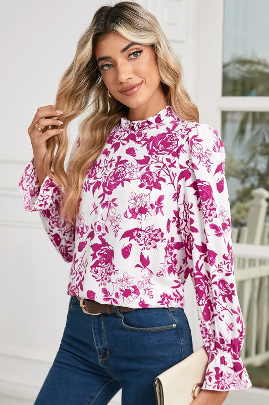 Floral Print Flounce Sleeve Blouse Keyhole Back