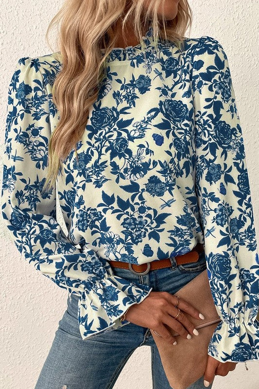 Floral Print Flounce Sleeve Blouse Keyhole Back