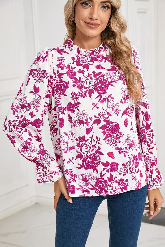 Floral Print Flounce Sleeve Blouse Keyhole Back