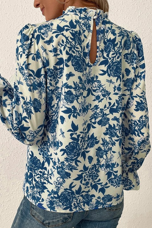 Floral Print Flounce Sleeve Blouse Keyhole Back
