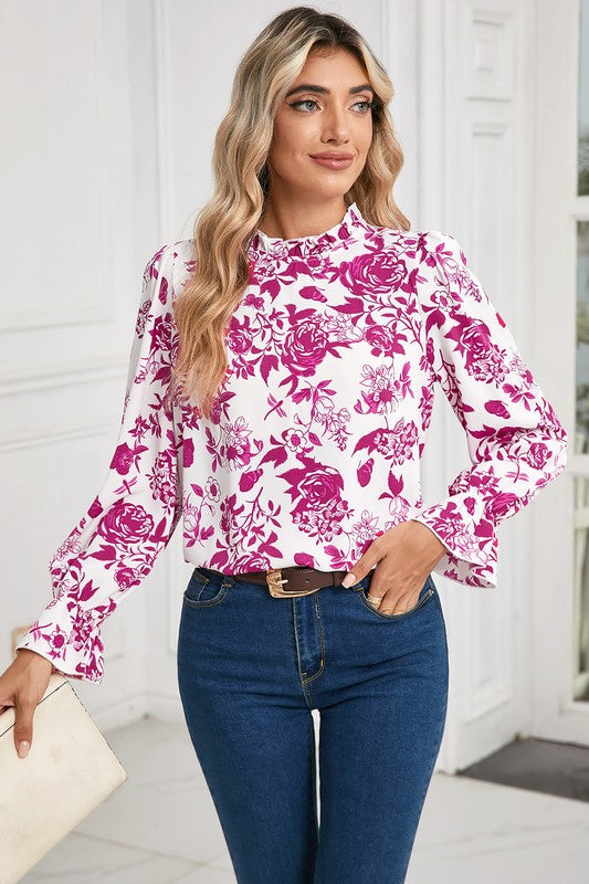Floral Print Flounce Sleeve Blouse Keyhole Back