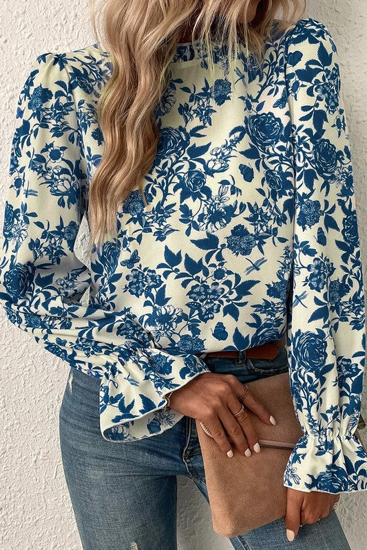 Floral Print Flounce Sleeve Blouse Keyhole Back
