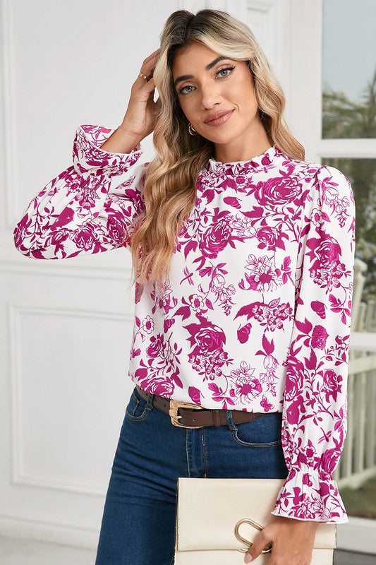 Floral Print Flounce Sleeve Blouse Keyhole Back