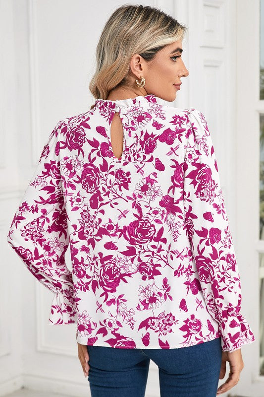 Floral Print Flounce Sleeve Blouse Keyhole Back