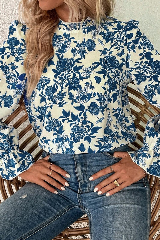 Floral Print Flounce Sleeve Blouse Keyhole Back