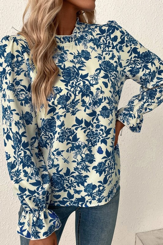 Floral Print Flounce Sleeve Blouse Keyhole Back
