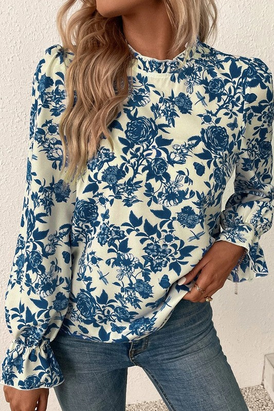 Floral Print Flounce Sleeve Blouse Keyhole Back