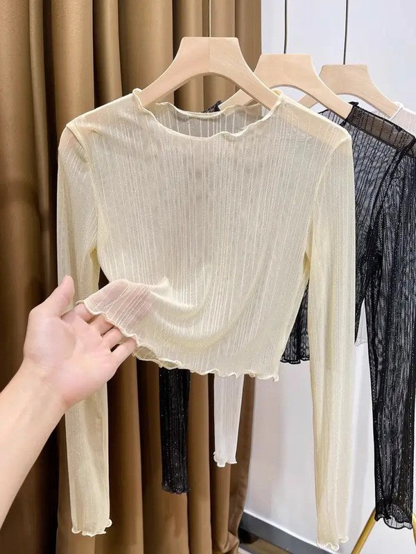Cropped Mesh Long Sleeve Top