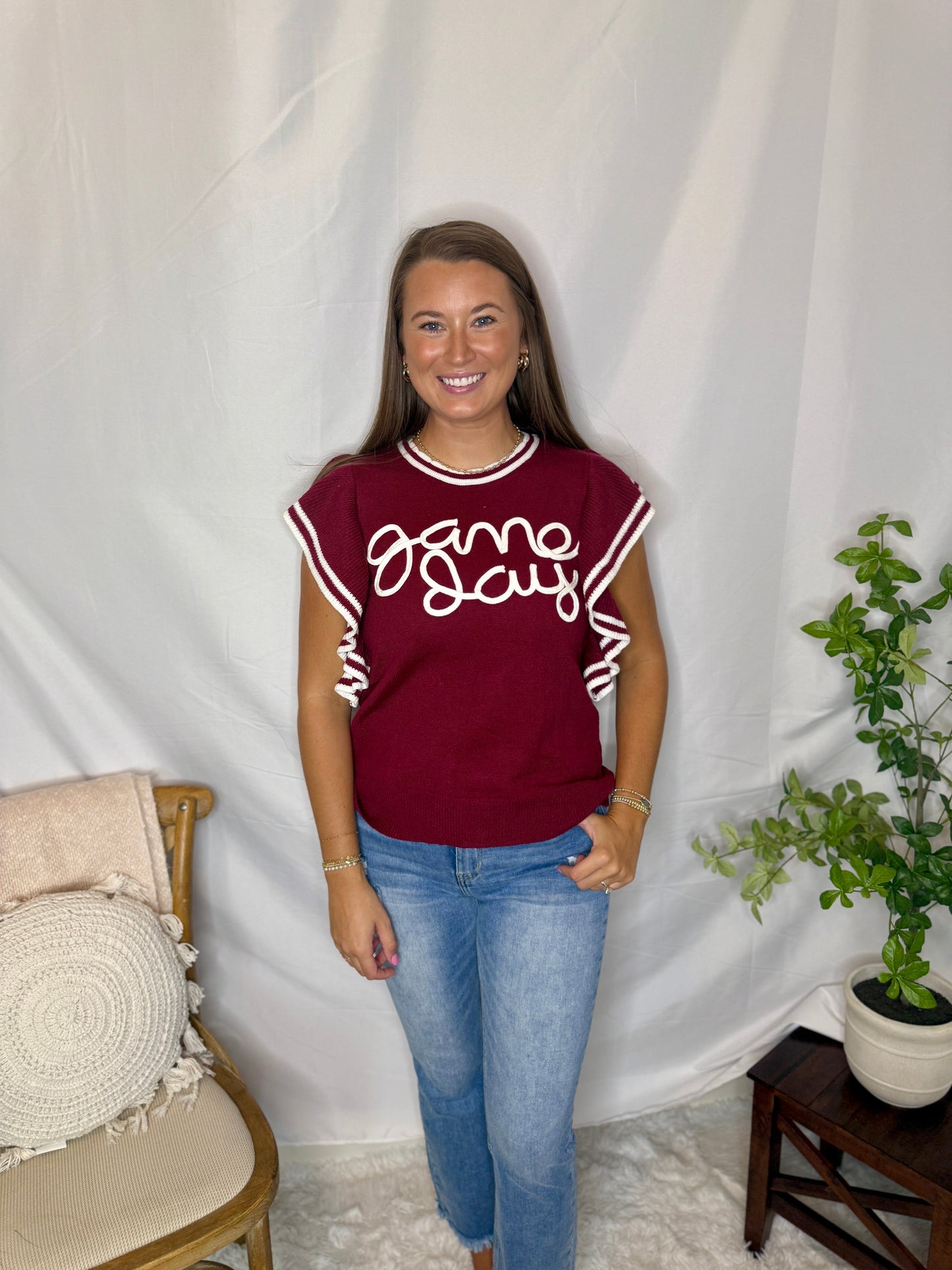 Game Day Ruffle Sleeve Sweater Burgundy Sweet Jude Boutique