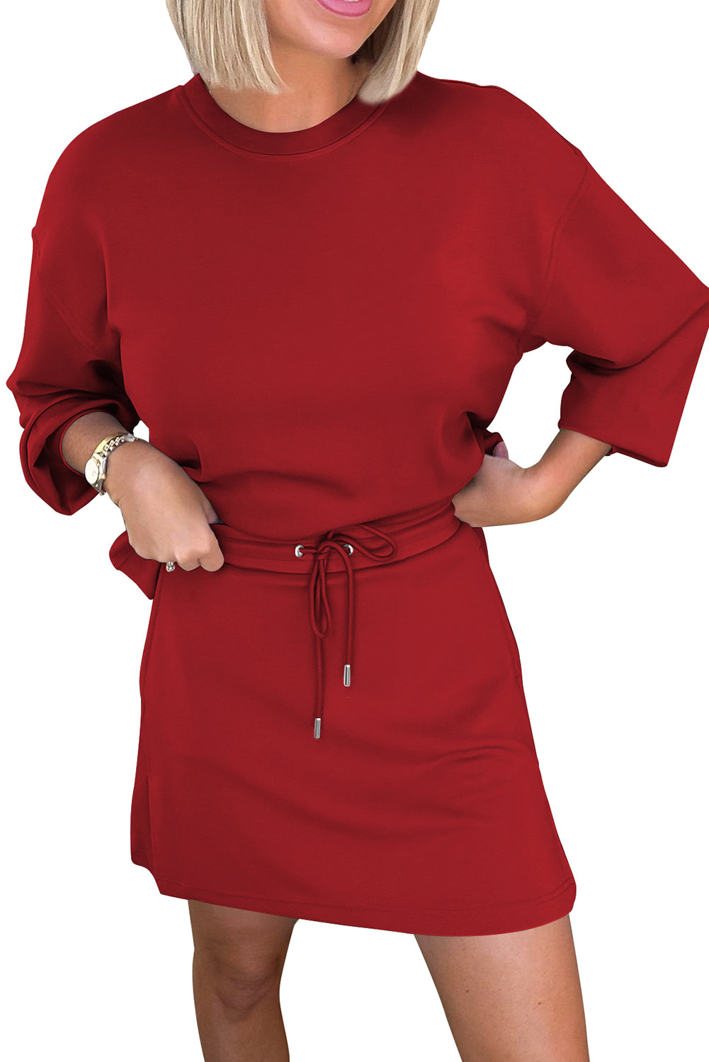 Coffee Solid Color Drop Shoulder Pullover Mini Skirt Set
