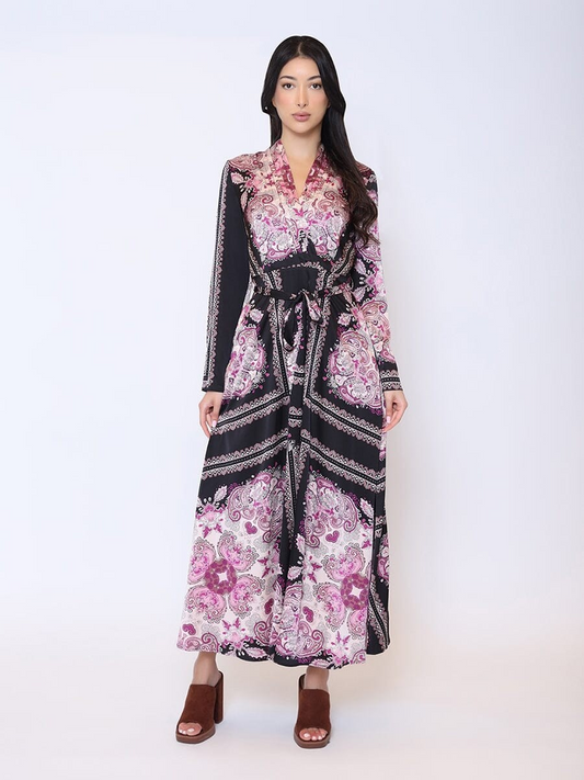 Paisley Print Long Sleeve V-Neck Maxi Dress Gracia