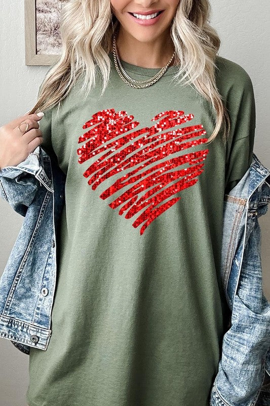 Faux Sequins Heart Graphic Plus Heavy Cotton Tee