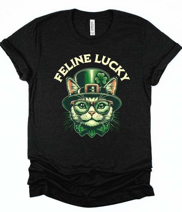 Feline Lucky Graphic Crew Neck Tee Unisex Cotton T-Shirt