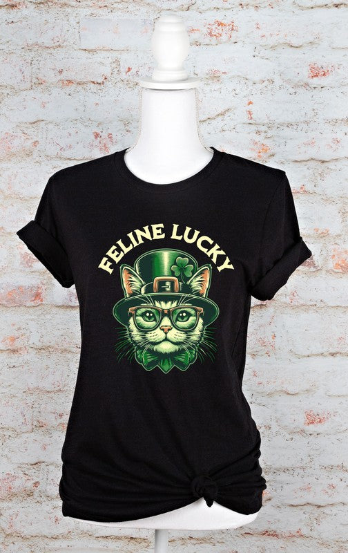 Feline Lucky Graphic Crew Neck Tee Unisex Cotton T-Shirt