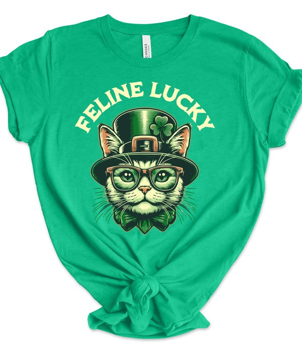 Feline Lucky Graphic Crew Neck Tee Unisex Cotton T-Shirt