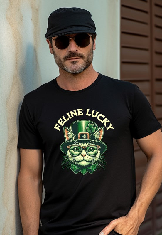 Feline Lucky Graphic Crew Neck Tee Unisex Cotton T-Shirt