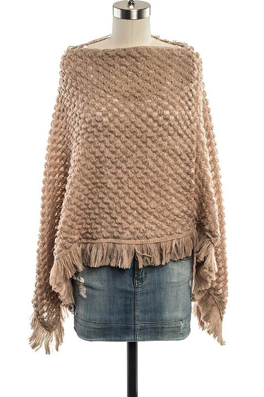 Popcorn Knit Fringe Poncho