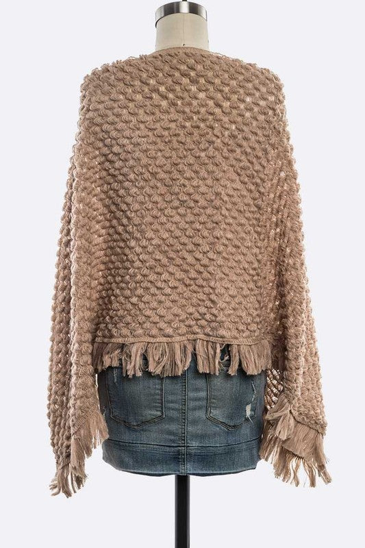 Popcorn Knit Fringe Poncho