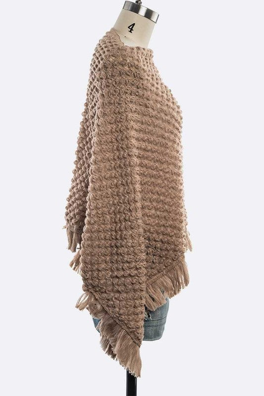 Popcorn Knit Fringe Poncho