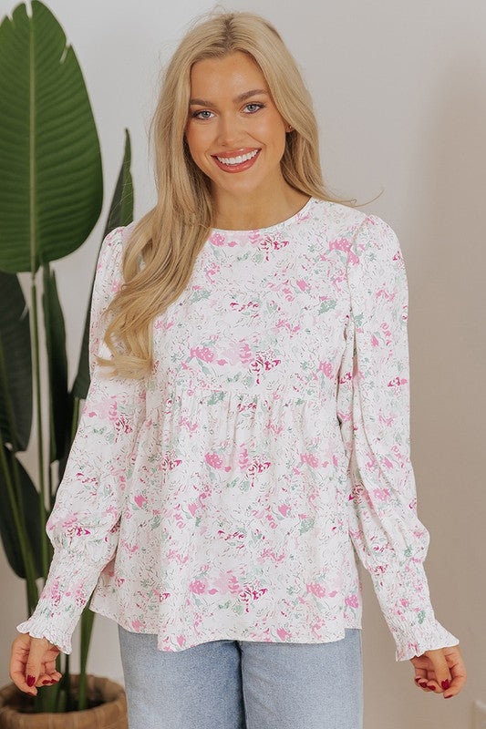 Floral Balloon Sleeve Babydoll Blouse Keyhole Back
