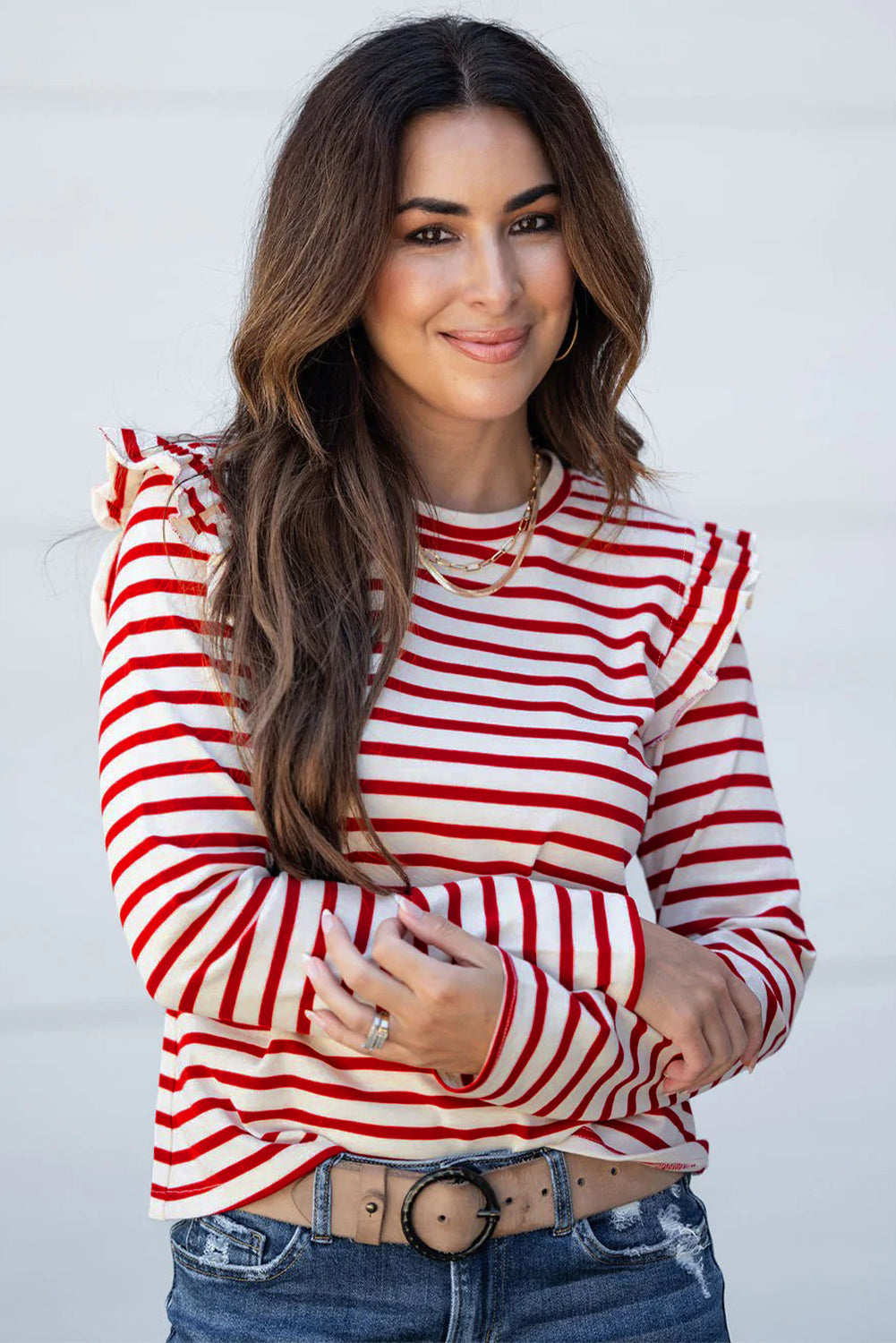 Red Stripe Ruffle Trim Long Sleeve Round Neck Top