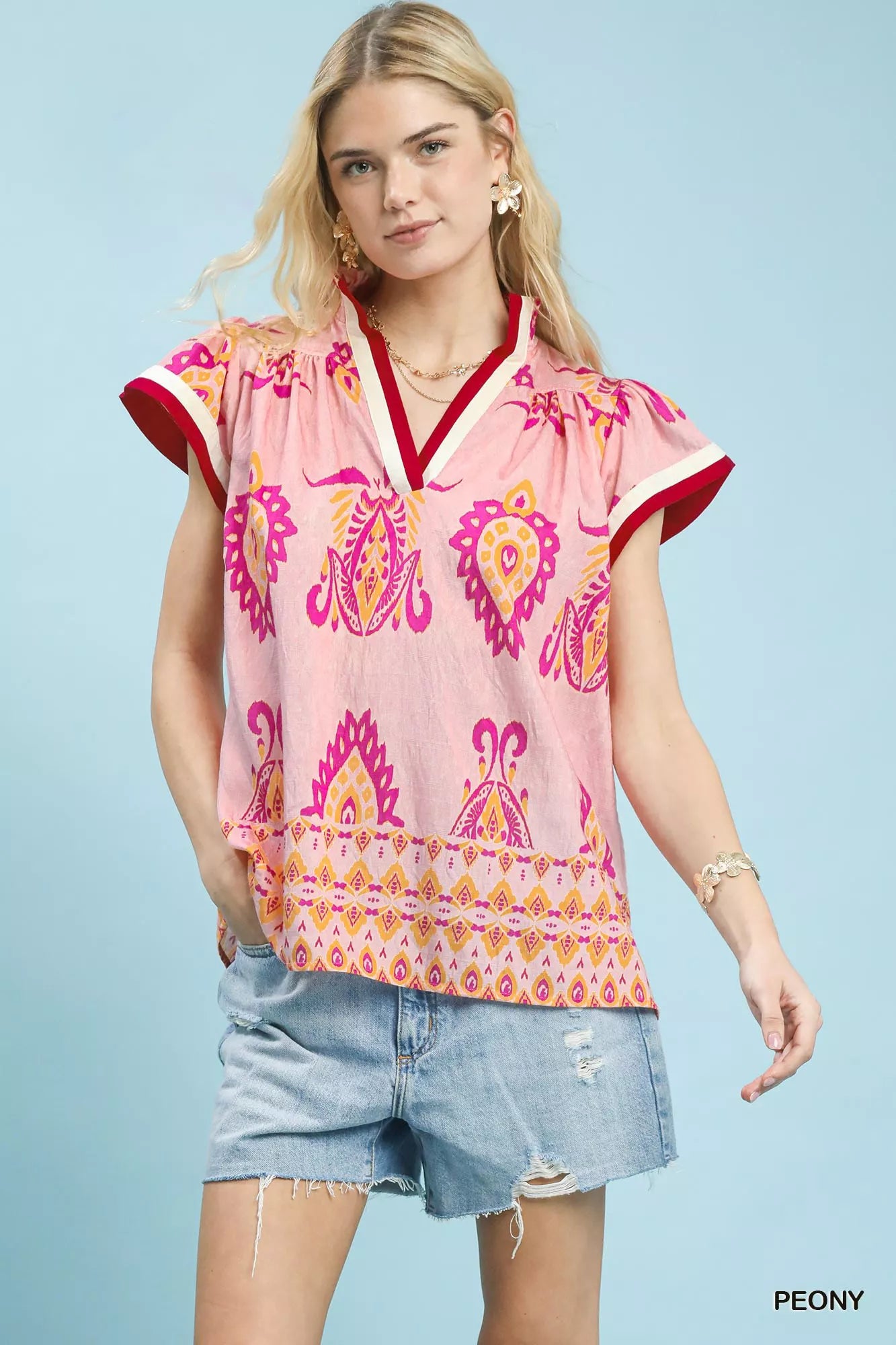 Border Print Split-Neck Boho Top Short Sleeves Umgee