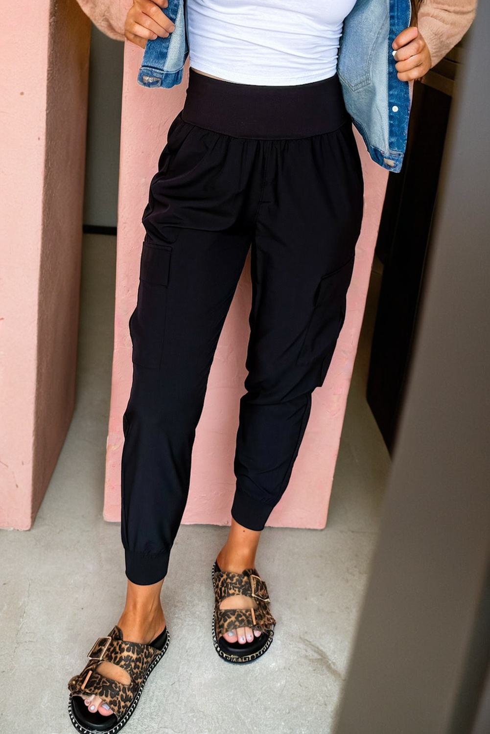 Camel Elastic High Waist Cargo Jogger Pants