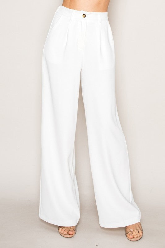 Women High Waist Wide Leg Pants Double Button Zipper Fly