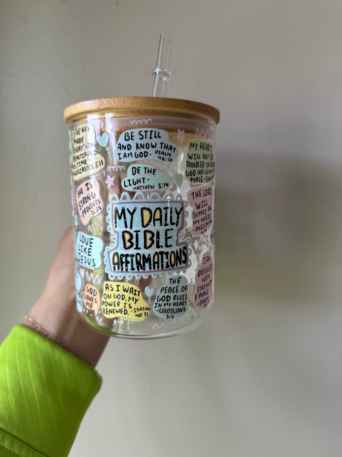 Daily Bible Affirmations 16oz Glass Tumbler Sawdust and Cedar