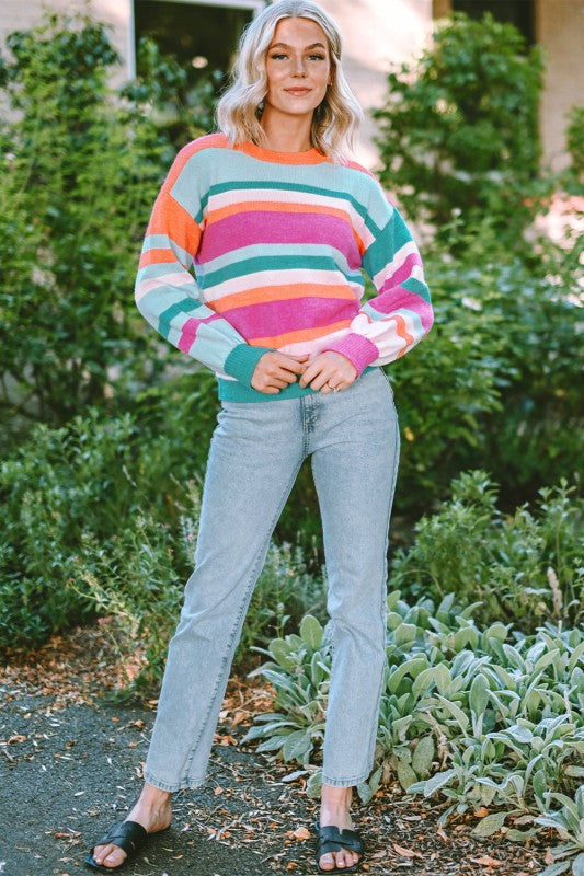 Stripe Knit Drop Shoulder Puff Sleeve Sweater