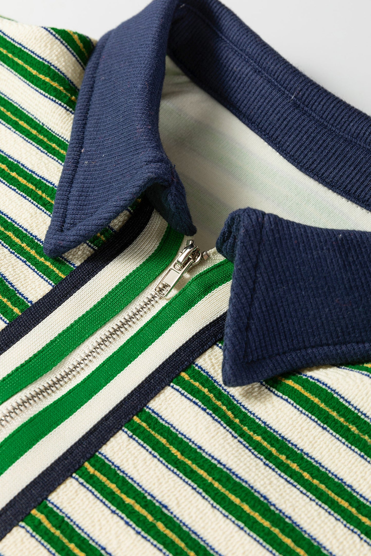 Dark Green Striped Long Sleeve Top Zip V Neck Contrast Collar