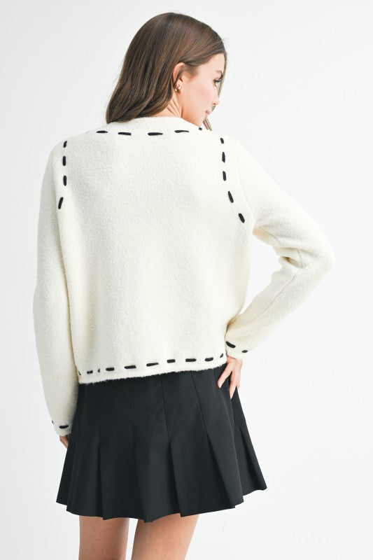 Cropped Boucle Cardigan with Stitched Detail
